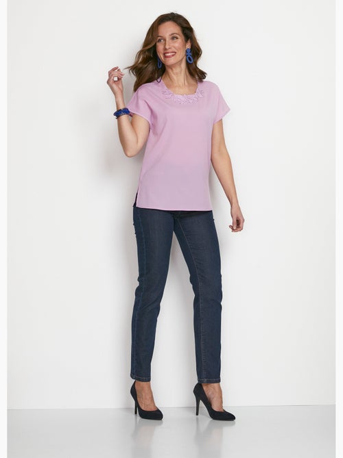 Top long manches courtes broderies col rond - Kiabi