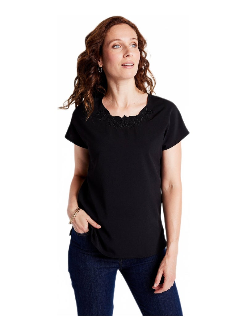 Top long manches courtes broderies col rond Noir - Kiabi