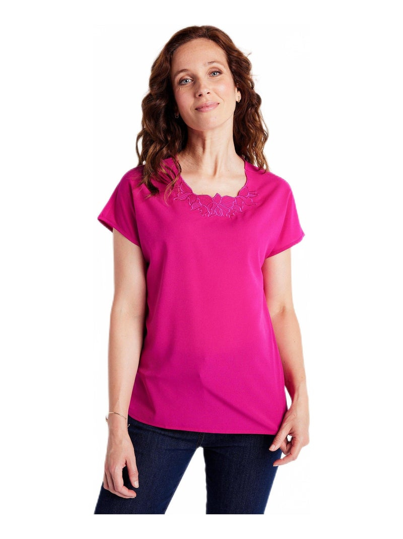 Top long manches courtes broderies col rond Rose - Kiabi