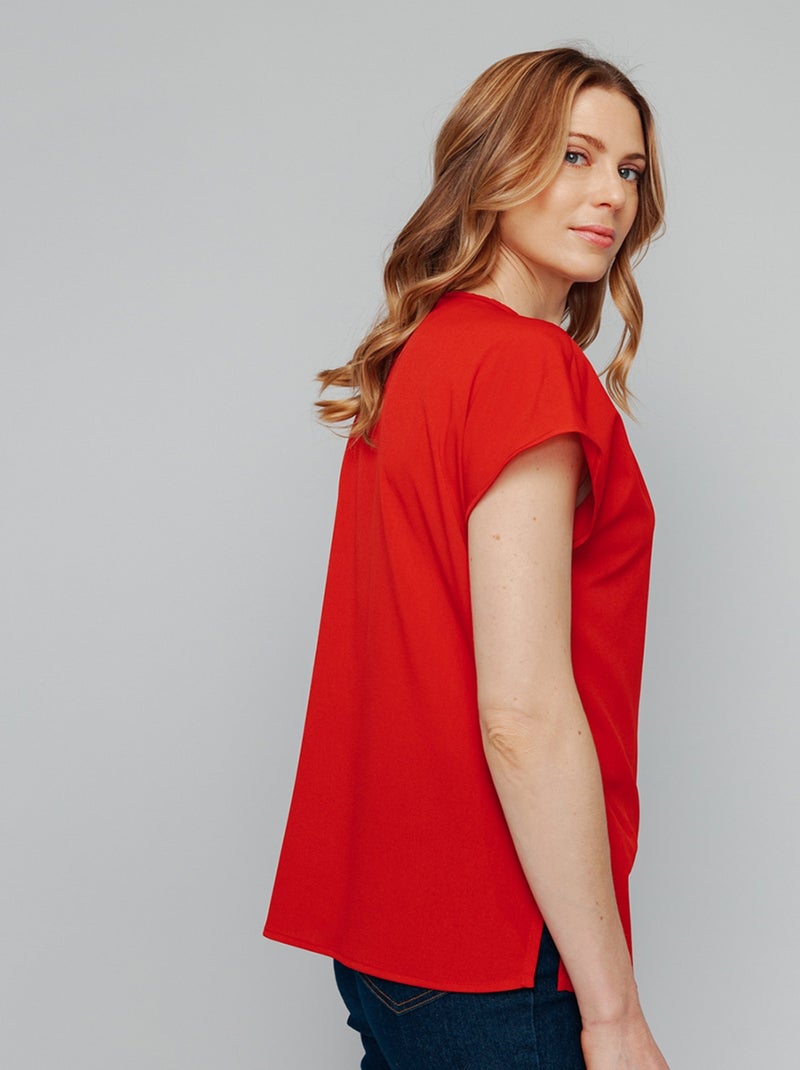 Top long manches courtes broderies col rond Rouge - Kiabi