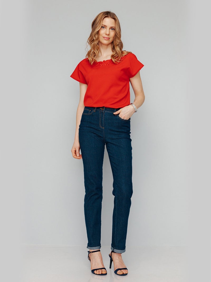 Top long manches courtes broderies col rond Rouge - Kiabi