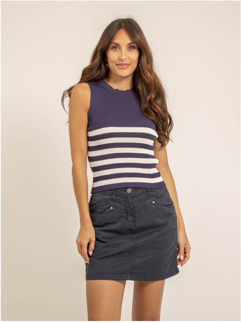 Top maille côtelée rayé FILIPA Bleu marine - Kiabi