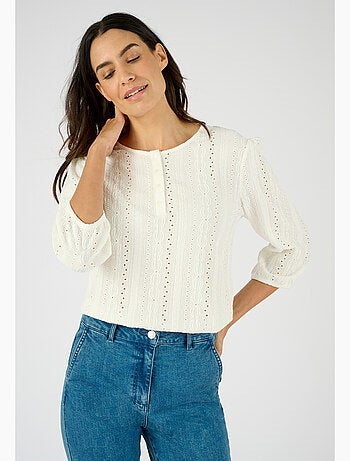 Top maille jacquard stretch ajourée et brodée - Damart