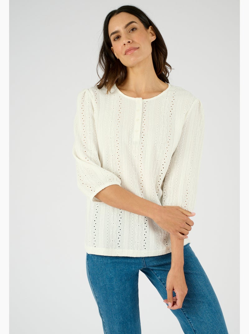 Top maille jacquard stretch ajourée et brodée - Damart Bleu - Kiabi