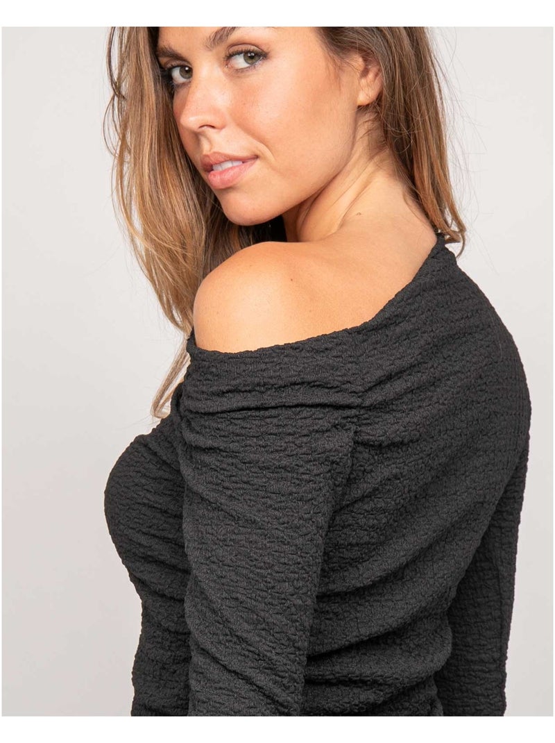 Top manches longues asymétrique texturé FLORITA Noir - Kiabi