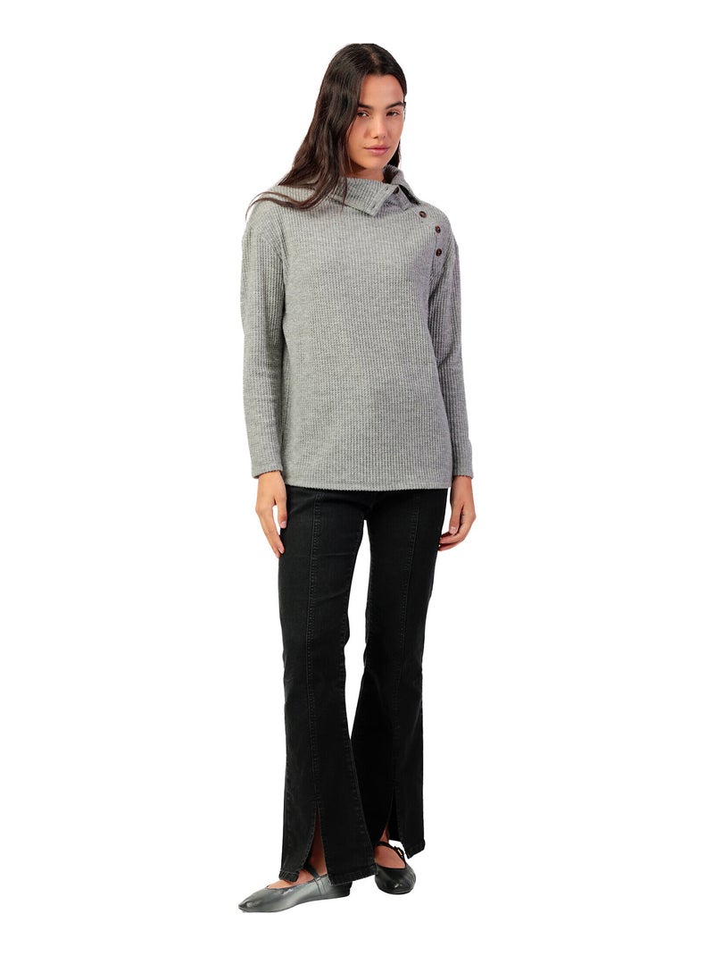 Top manches longues col montant boutonné Neck Buttons Gris clair - Kiabi