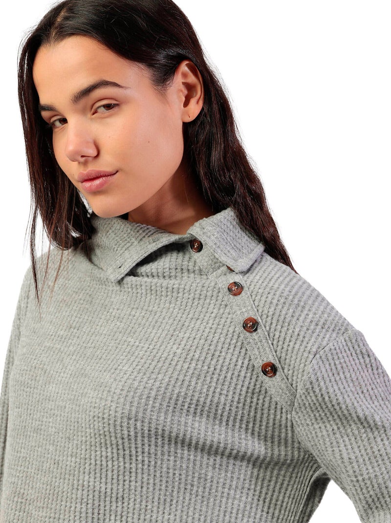 Top manches longues col montant boutonné Neck Buttons Gris clair - Kiabi