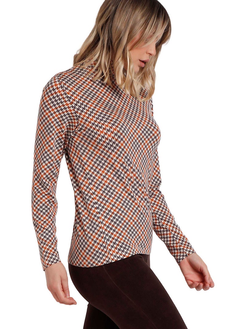 Top manches longues col montant Houndstooth Marron - Kiabi