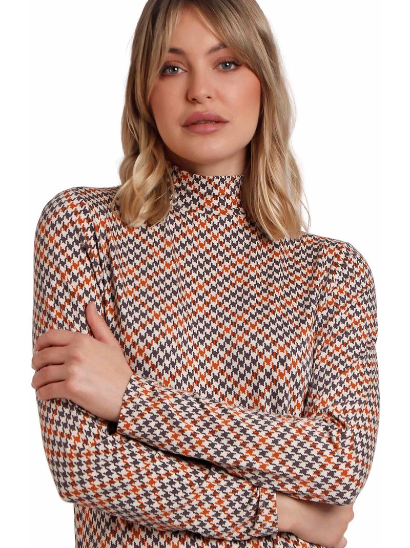 Top manches longues col montant Houndstooth Marron - Kiabi