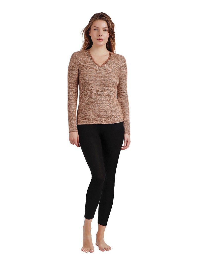 Top manches longues col V Puntilla Beige - Kiabi