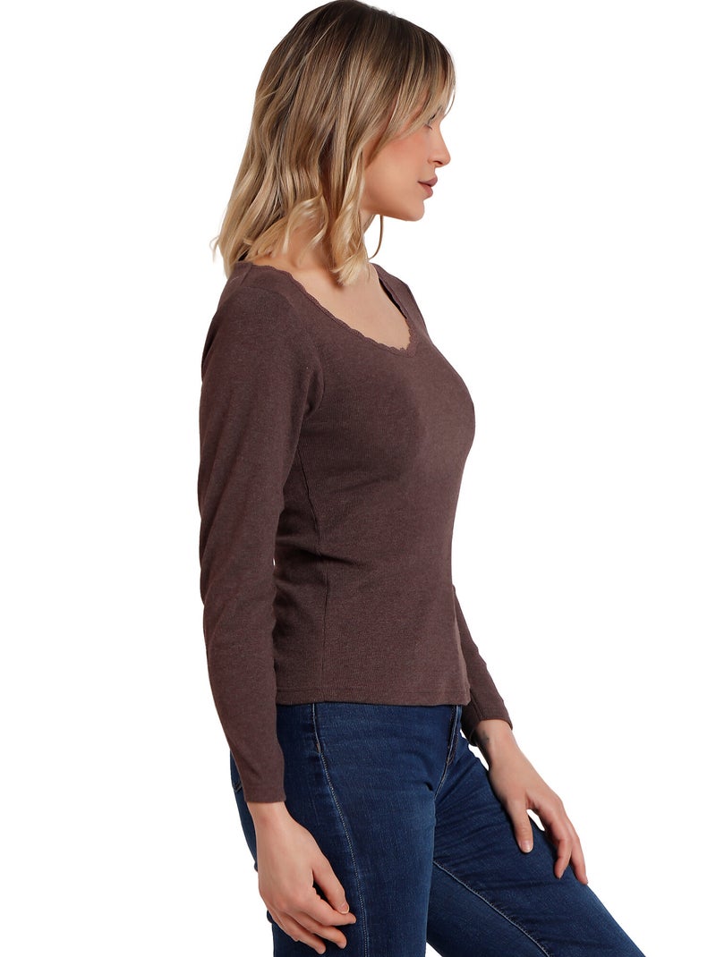 Top manches longues Romantic Rib Marron chocolat - Kiabi