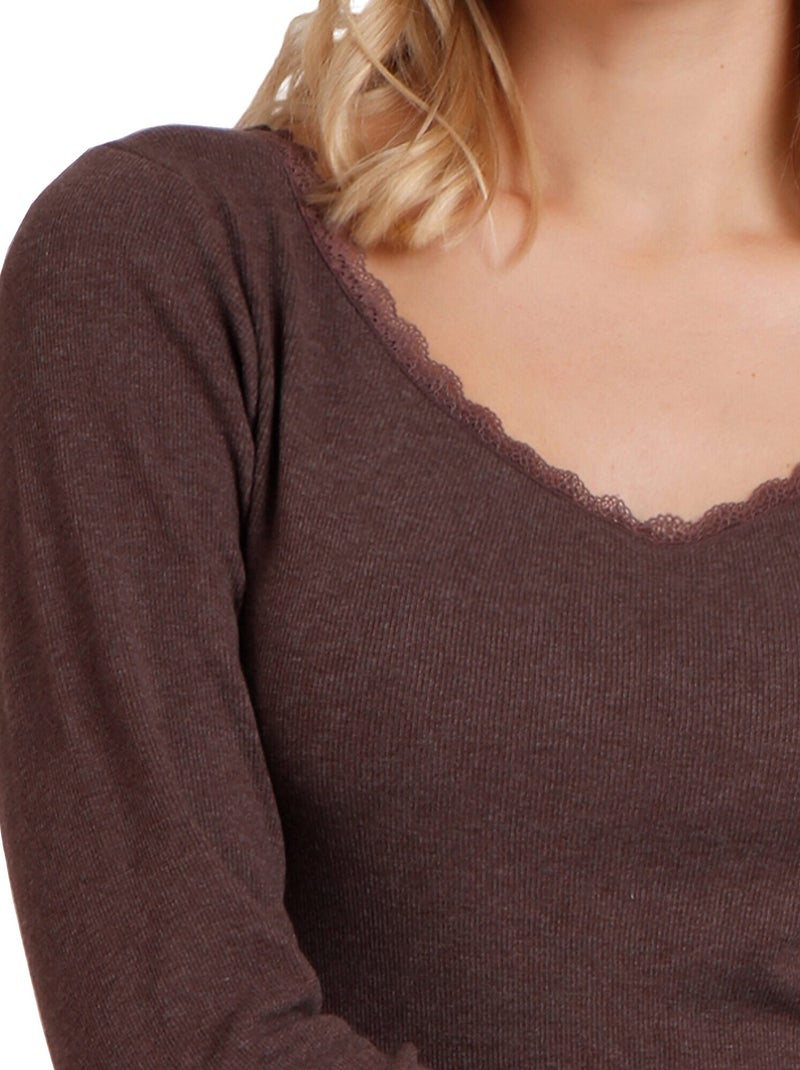 Top manches longues Romantic Rib Marron chocolat - Kiabi