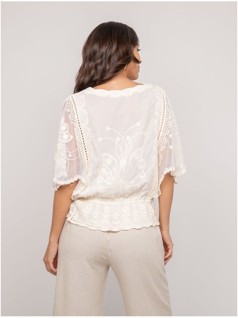 Top manches papillons broderie FLEURETTE Ecru - Kiabi