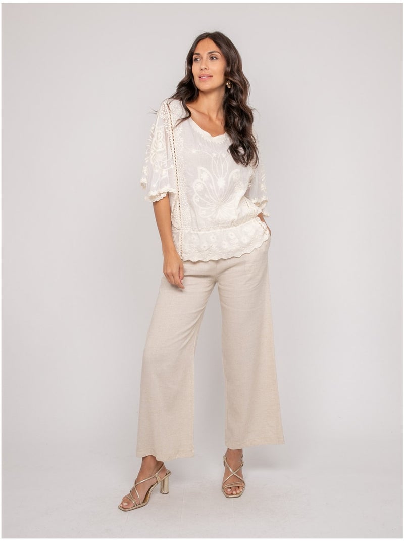 Top manches papillons broderie FLEURETTE Ecru - Kiabi