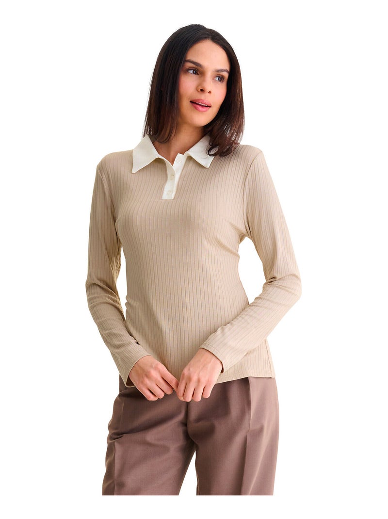 Top polo manches longues REMI Beige - Kiabi