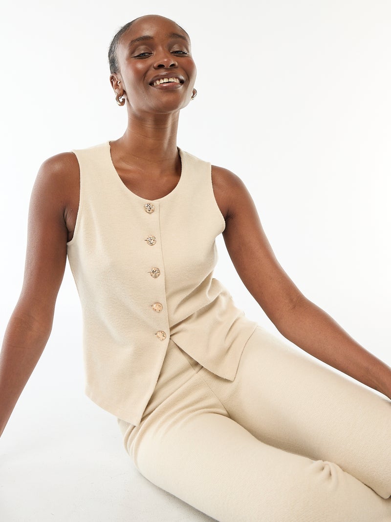 Top sans manches boutonné en maille doudou Beige - Kiabi