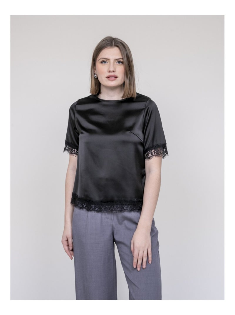 Top satin finition dentelle FERNADA Noir - Kiabi