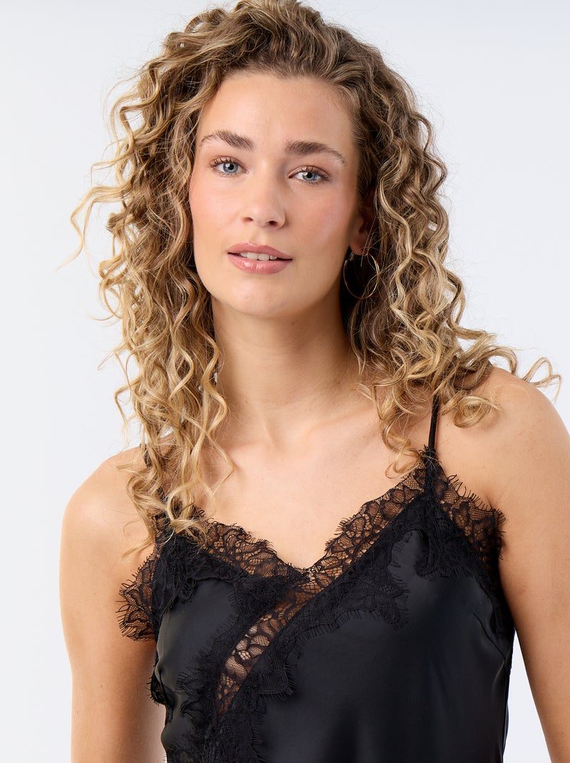 Top satiné asymétrique avec dentelle Noir - Kiabi