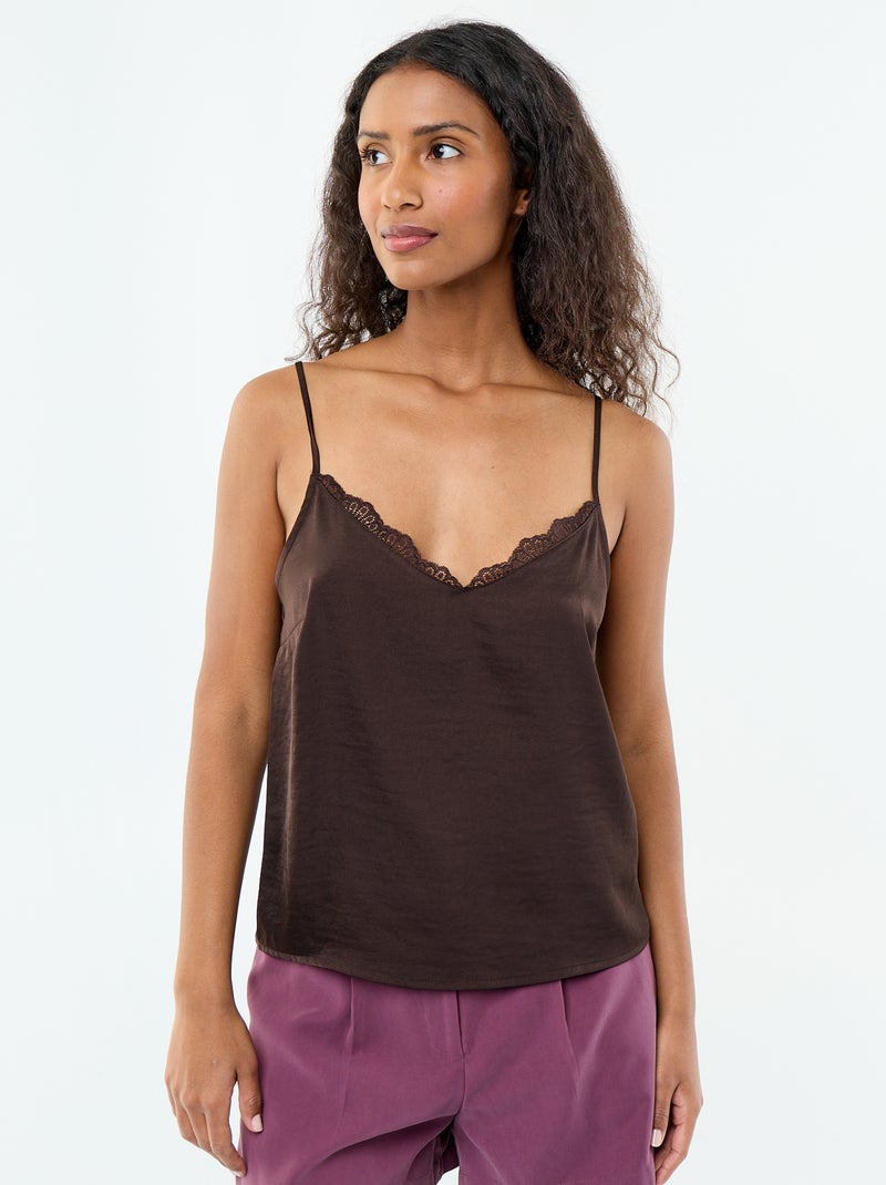 Top satiné avec dentelle Marron - Kiabi
