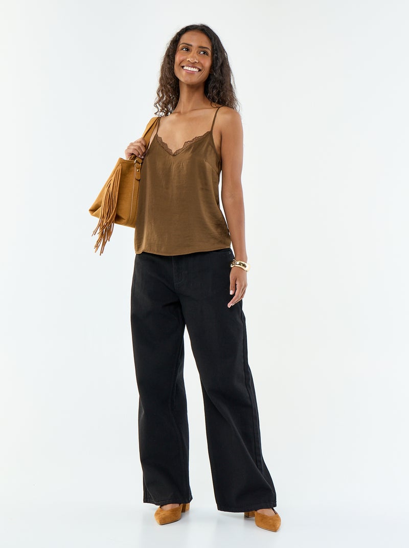 Top satiné avec dentelle Marron - Kiabi