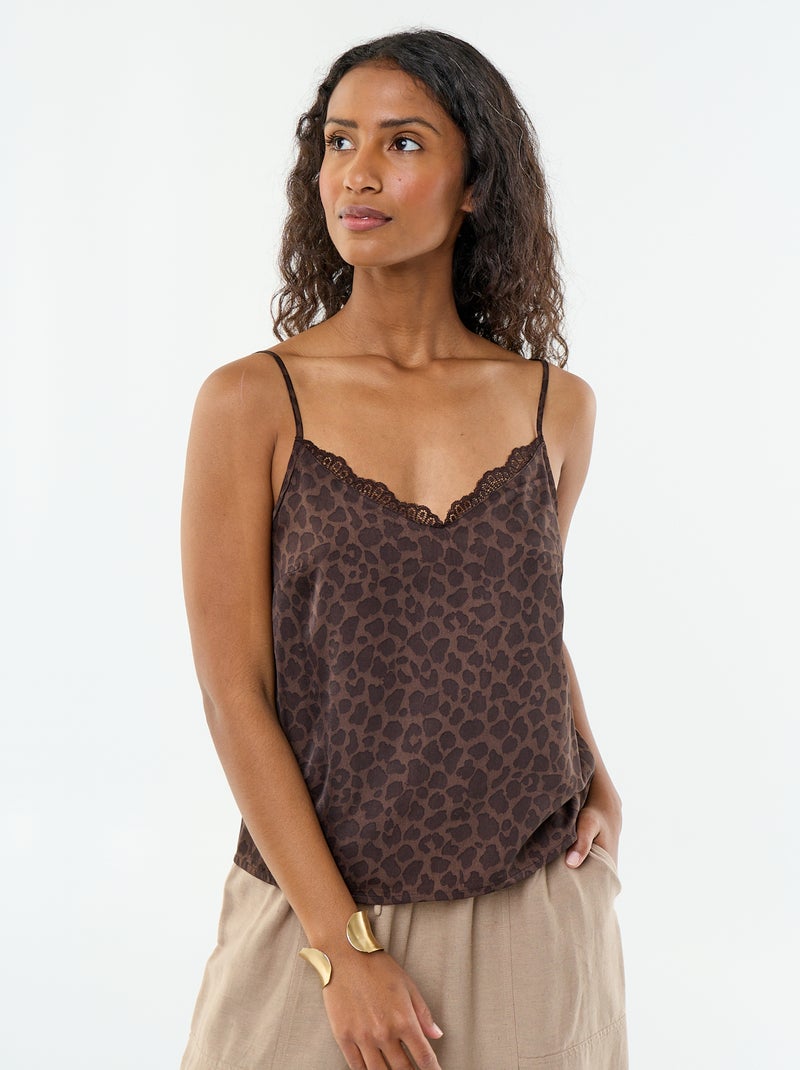 Top satiné avec dentelle Marron - Kiabi