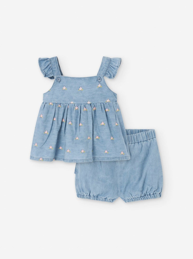 Top + Short en Jean Léger à Motif Floral Bleu - Kiabi