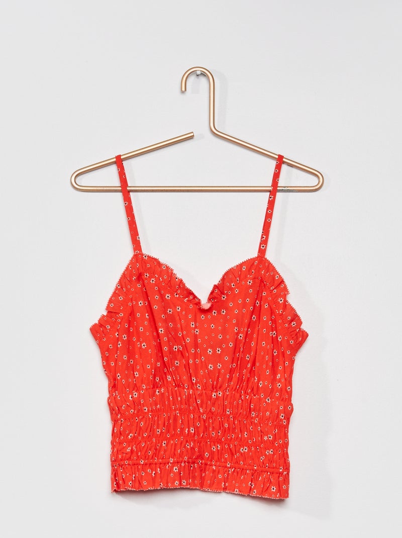 Top smocké fleuri avec volants fantaisie rouge - Kiabi