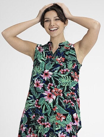 Top TROPIQUE Fleurs vert Top boutonné