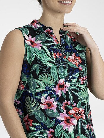 Top TROPIQUE Fleurs vert Top boutonné