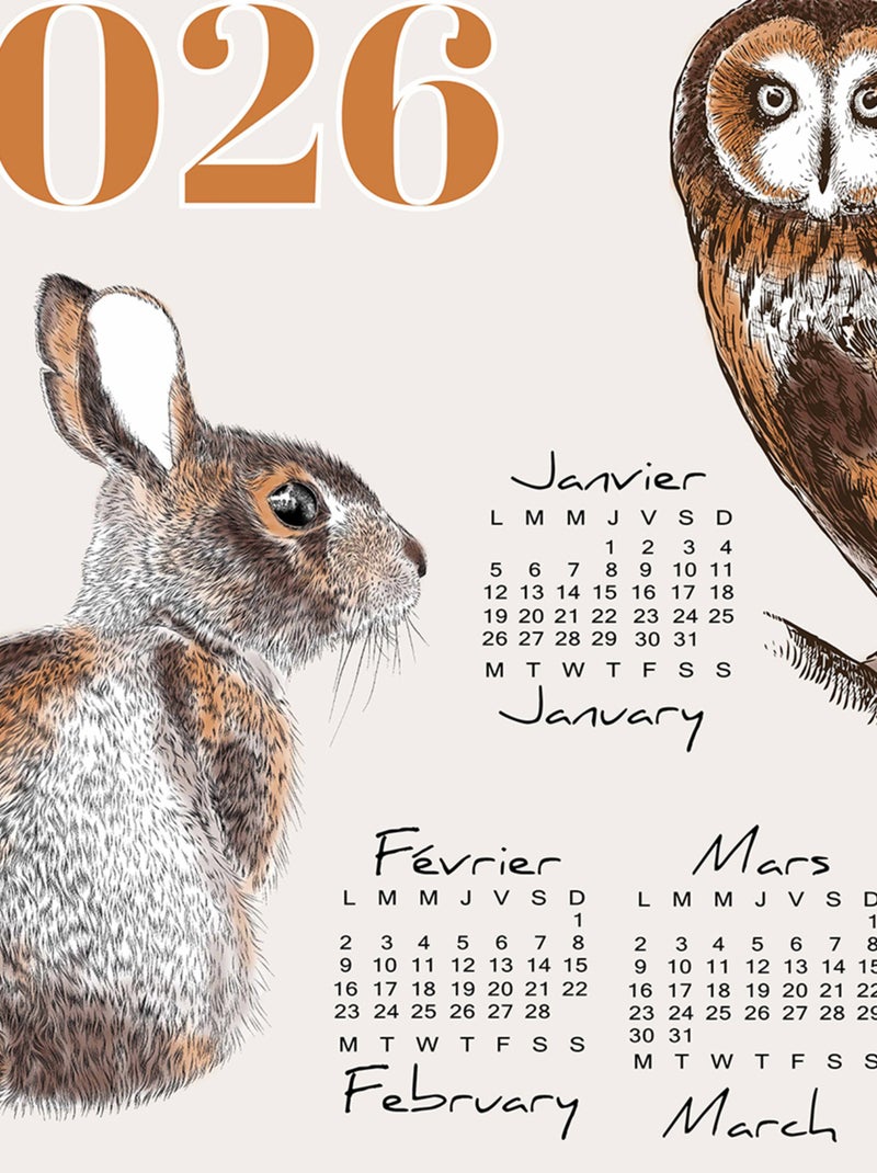 Torchon calendrier 2026 animaux du jardin coton Marron clair - Kiabi