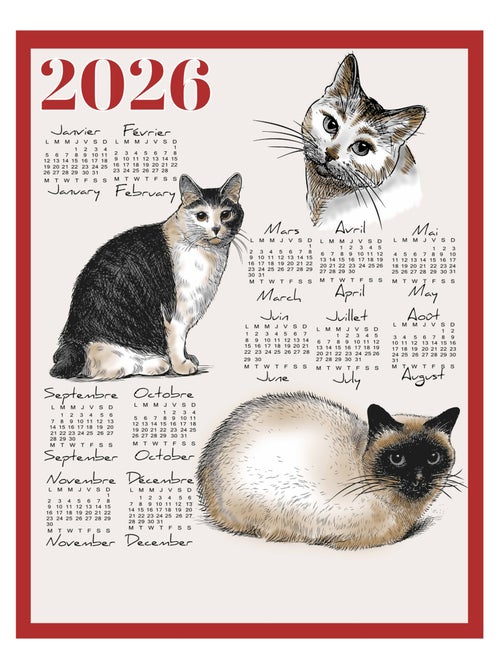 Torchon calendrier 2026 motif chats coton - Kiabi