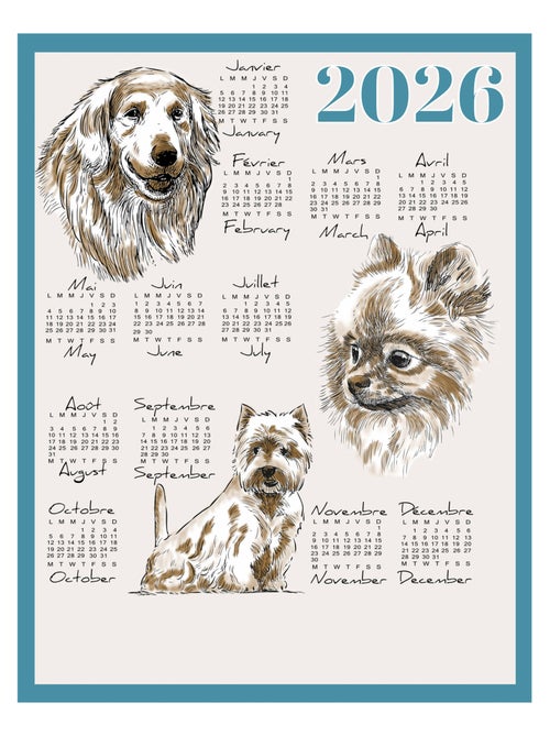 Torchon calendrier 2026 motif chiens coton - Kiabi