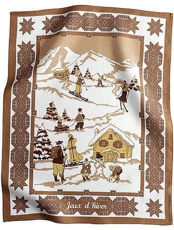 Torchon de cuisine « jeux d'hiver » – esprit montagne – rouge ou marron – 100 % coton