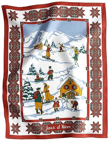 Torchon de cuisine « jeux d'hiver » – esprit montagne – rouge ou marron – 100 % coton