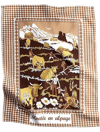 Torchon de cuisine « montée en alpage » – esprit montagne – rouge ou marron – 100 % coton