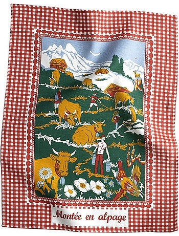 Torchon de cuisine « montée en alpage » – esprit montagne – rouge ou marron – 100 % coton