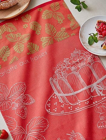 Torchon imprimé en jacquard de coton, CHARLOTTE AUX FRAISES