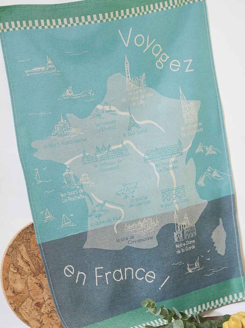 Torchon imprimé en jacquard de coton, VOYAGER EN FRANCE Bleu clair - Kiabi