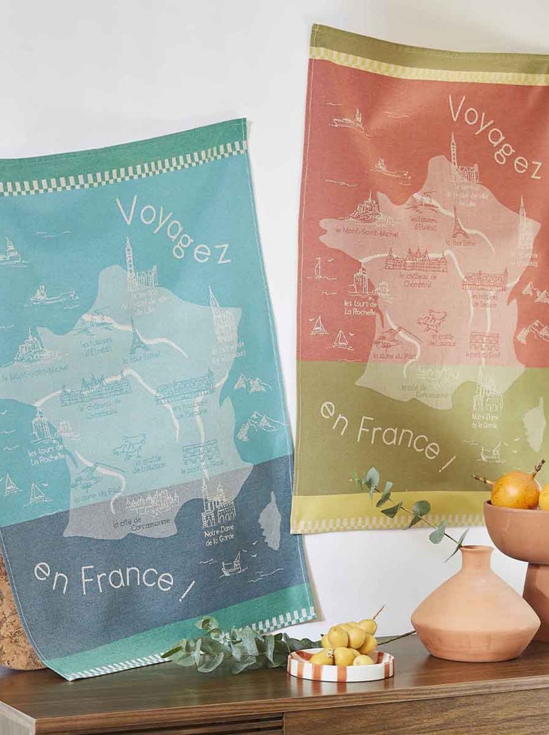 Torchon imprimé en jacquard de coton, VOYAGER EN FRANCE Bleu clair - Kiabi