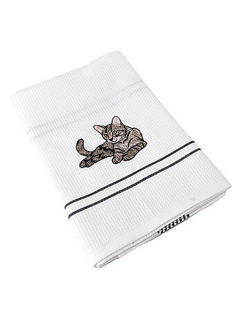 Torchon nid d'abeille WAFFLE brodé Chat