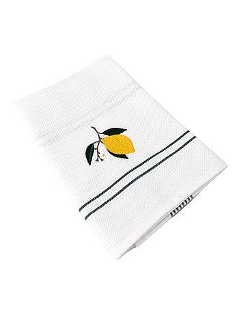 Torchon nid d'abeille WAFFLE brodé Citron