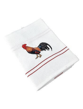 Torchon nid d'abeille WAFFLE brodé Coq