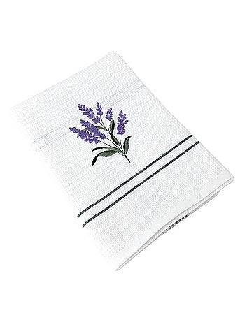 Torchon nid d'abeille WAFFLE brodé Lavande