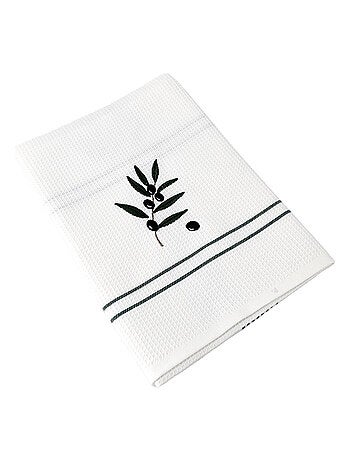 Torchon nid d'abeille WAFFLE brodé Olives