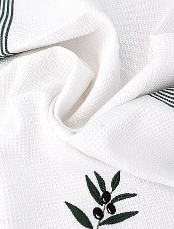 Torchon nid d'abeille WAFFLE brodé Olives