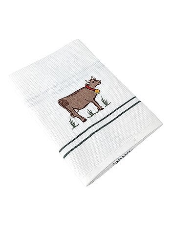 Torchon nid d'abeille WAFFLE brodé Vache