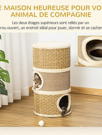Tour à griffer pour chat - 3 niches, plateforme - sisal corde d'algues beige