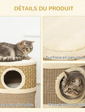 Tour à griffer pour chat - 3 niches, plateforme - sisal corde d'algues beige