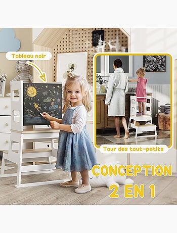 Tour d'apprentissage enfant avec marche, barre sécurité et tableau noir