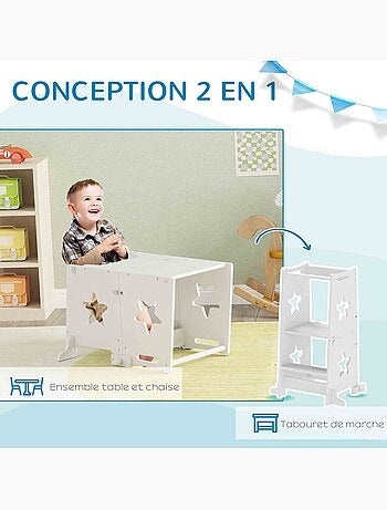 Tour d'apprentissage enfant table ensemble table et chaise 2 en 1 bois blanc